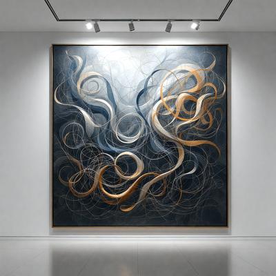 The primary subject of the image is a large, modern art piece featuring a blue and orange color scheme. The artwork is displayed on a white wall, which serves as the setting and background for the piece. The visual style of the image is a combination of digital art and illustration, creating a unique and eye-catching piece. The dominant colors in the artwork are blue and orange, which contribute to the overall atmosphere and mood of the piece.